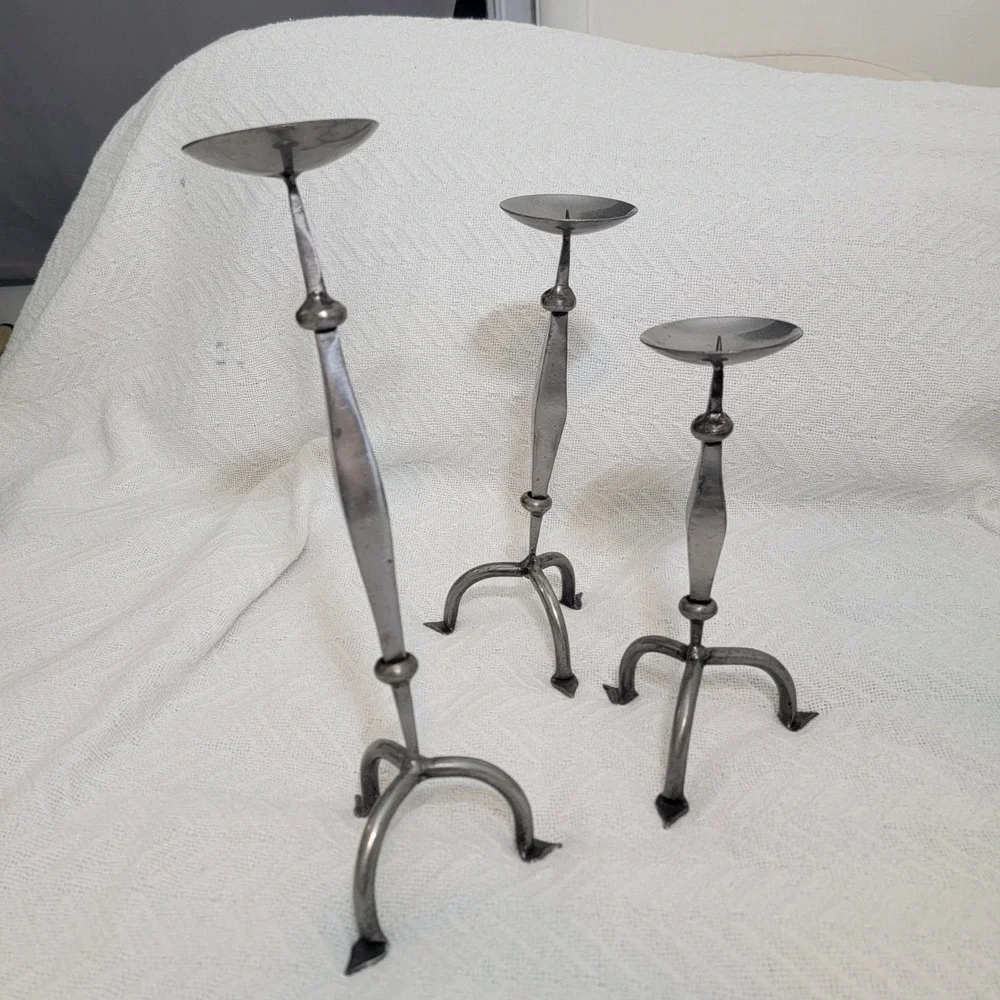 Set of 3 Brutalist Handmade Metal Candlesticks MCM Midcentury Modern Rustic